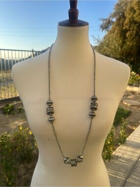 Silver-Tone Beaded Long Necklace - Elegant Vintage Style